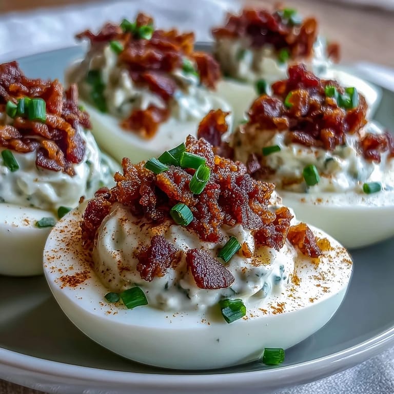 Creamy ranch-flavored deviled eggs topped with crumbled bacon and a sprinkle of paprika, ideal for potlucks and holiday gatherings.