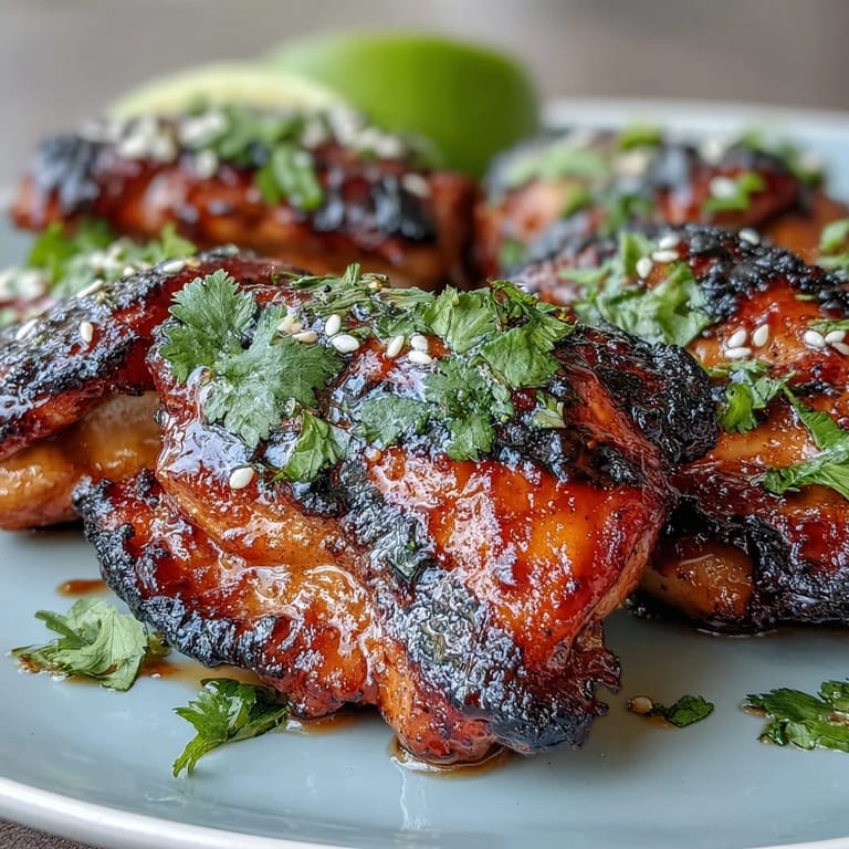 Juicy chicken thighs marinated in honey sriracha blend, grilled until golden and smoky, served with fresh cilantro and lime wedges.
