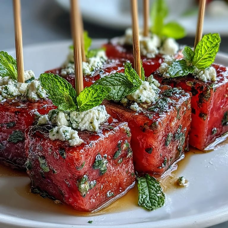 Colorful watermelon feta mint skewers arranged on a platter, offering a sweet, salty, and minty bite in every skewer.