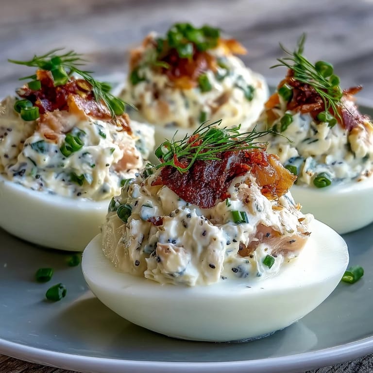 Smoked salmon deviled eggs topped with everything seasoning, perfect for brunch or elegant appetizers.