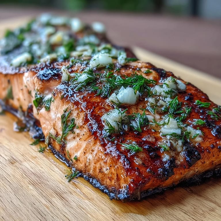 Grilled salmon fillets on aromatic cedar planks, infused with garlic, dill, and lemon, served with a fresh herb garnish and citrus wedges.