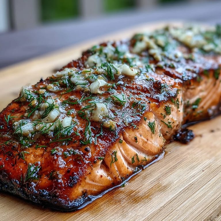 Tender Cedar Plank Salmon with Garlic Dill, plated on smoky cedar for a rustic, flavorful presentation perfect for outdoor grilling and seafood lovers.