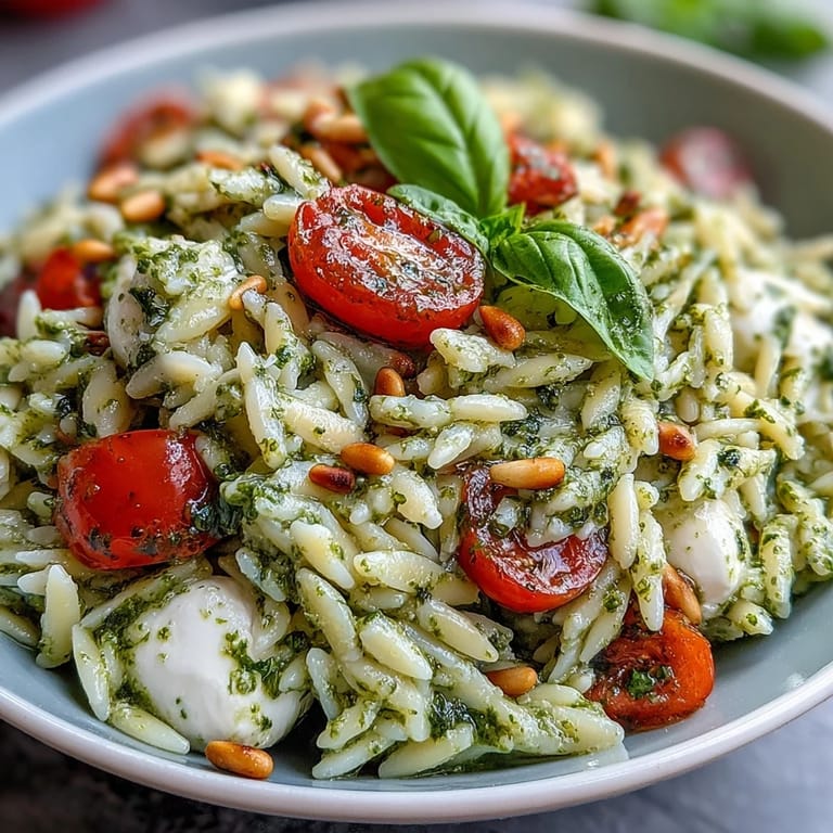 Make-ahead cold orzo salad featuring bright pesto, fresh mozzarella, and sweet cherry tomatoes.