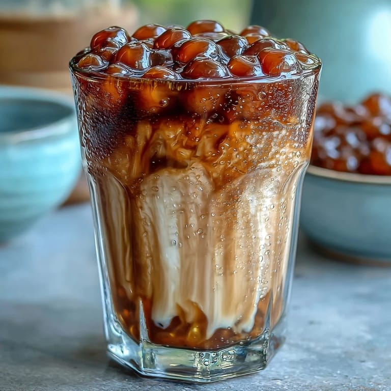 Refreshing brown sugar boba milk tea featuring soft tapioca pearls and a sweet caramel drizzle over ice.