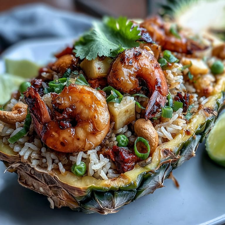 Thai pineapple fried rice bursting with tropical flavors, featuring tender jasmine rice, crisp bell peppers, and savory shrimp, all nestled in a fresh pineapple boat.