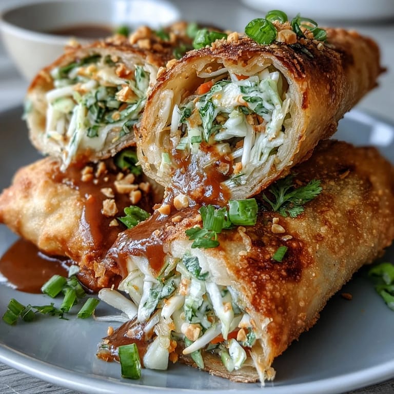 Fresh spring rolls with cabbage, carrots, and noodles, fried to golden perfection and paired with homemade peanut sauce.