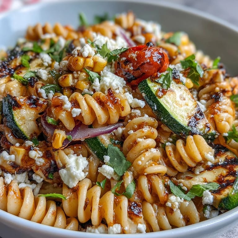 Summer pasta salad showcases juicy grilled corn, tender zucchini, and tangy lime dressing.