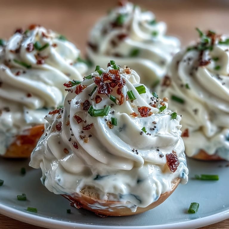 Creamy filling piled high on deviled eggs with savory bagel topping.