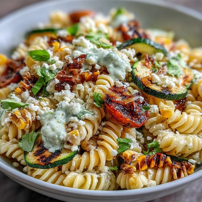 Enjoy this easy pasta salad loaded with smoky grilled veggies and savory Cotija topping.