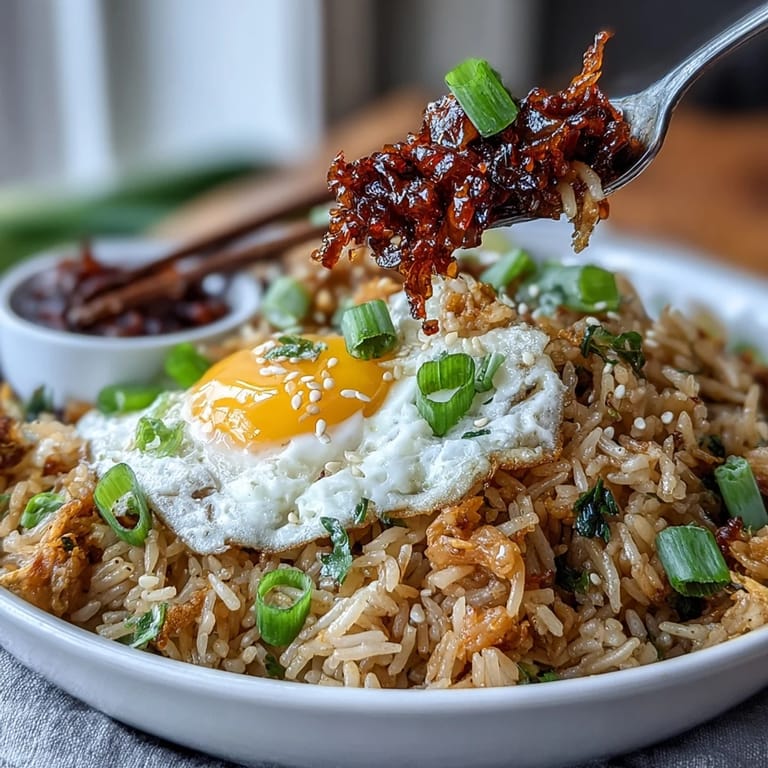 Aromatic fried rice infused with soy sauce, sesame oil, and crunchy chili crisp for bold, savory flavor.  