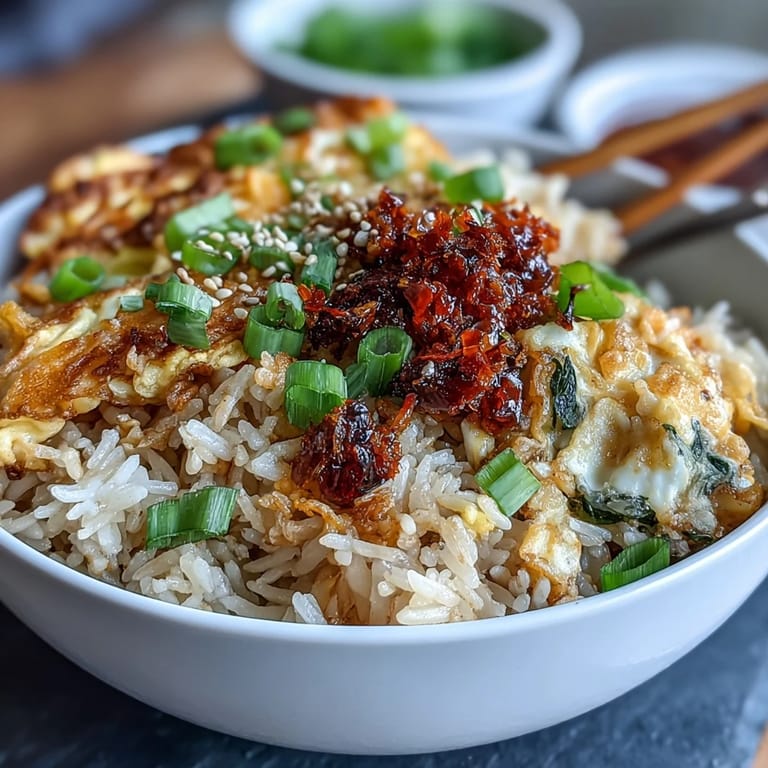 Golden egg fried rice tossed with vibrant peas, green onions, and a fiery kick of chili crisp.