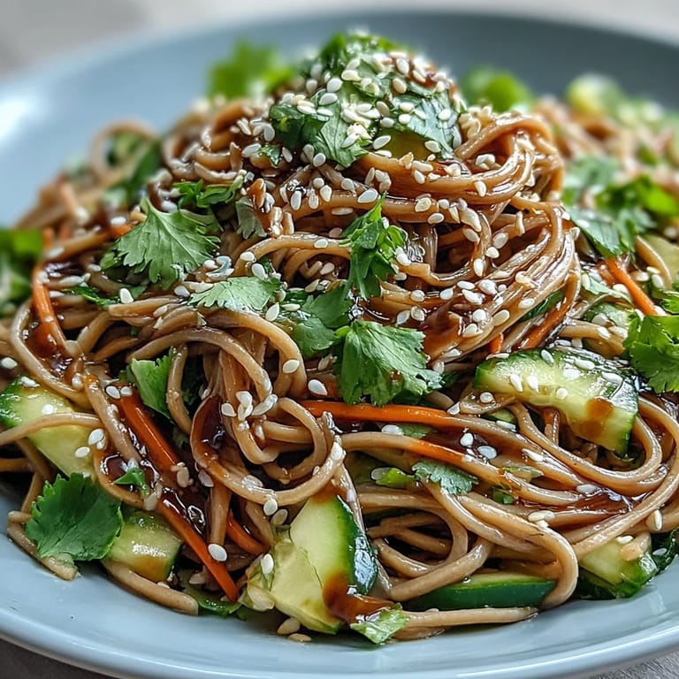 Colorful cold soba noodle salad with ginger sesame dressing, a refreshing meal.