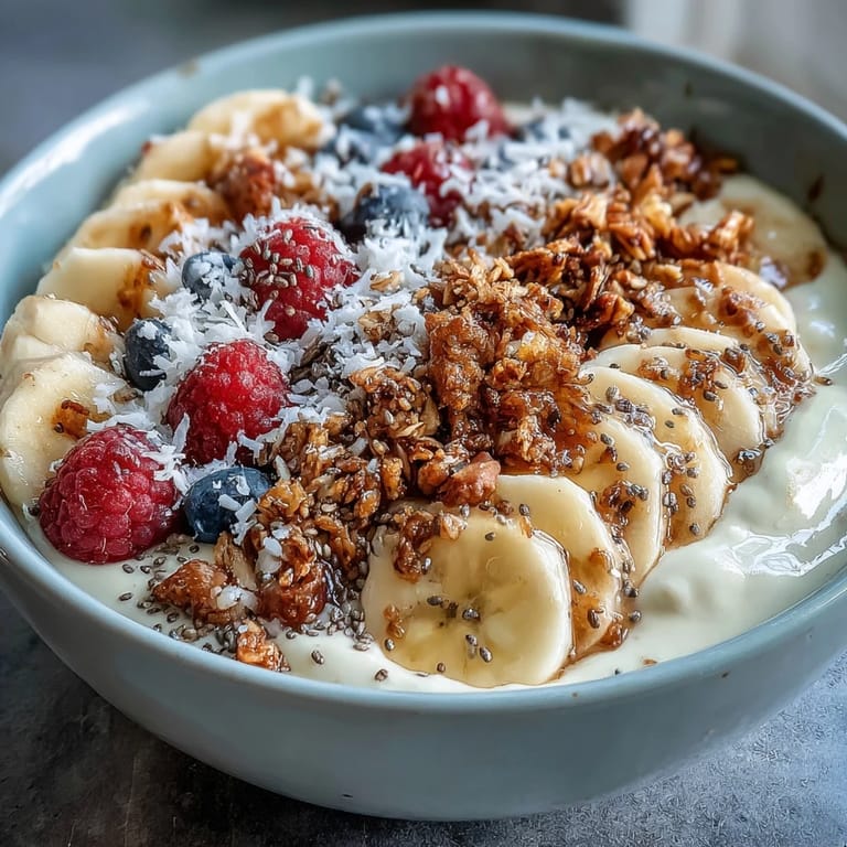 Refreshing Icelandic skyr protein smoothie bowl, artfully topped with mixed berries and granola clusters.