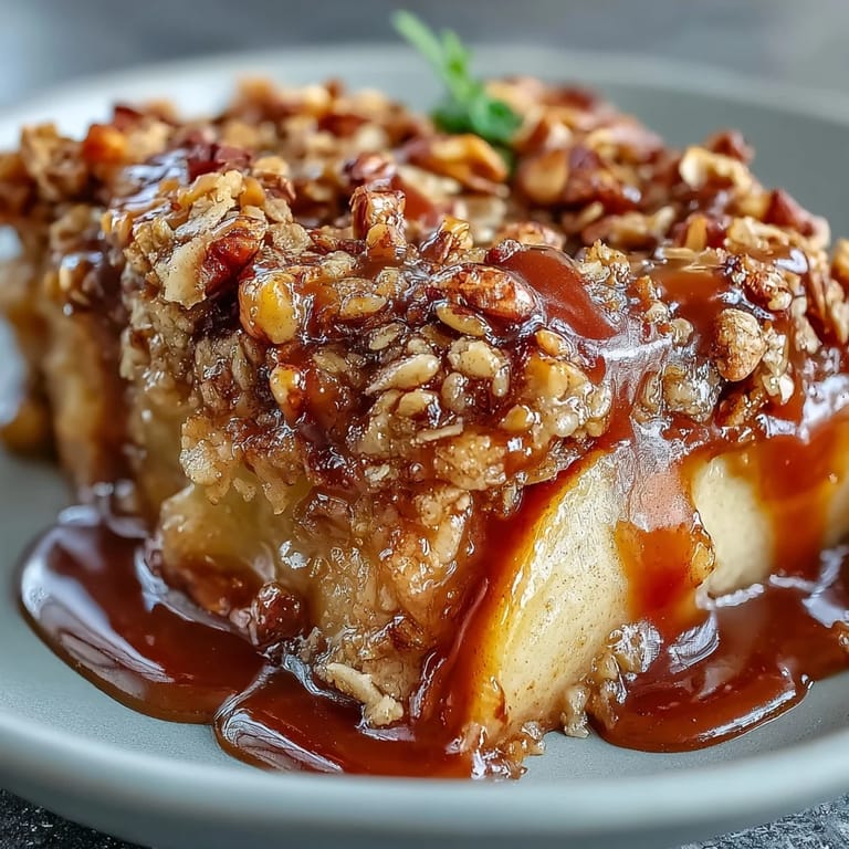 Close-up of Father's Day Whiskey Caramel Apple Crisp, gooey caramel, tender apples, and crunchy crumble.