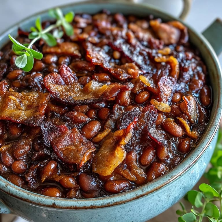 Hearty Juneteenth BBQ Baked Beans with crispy bacon topping ready for your picnic spread.
