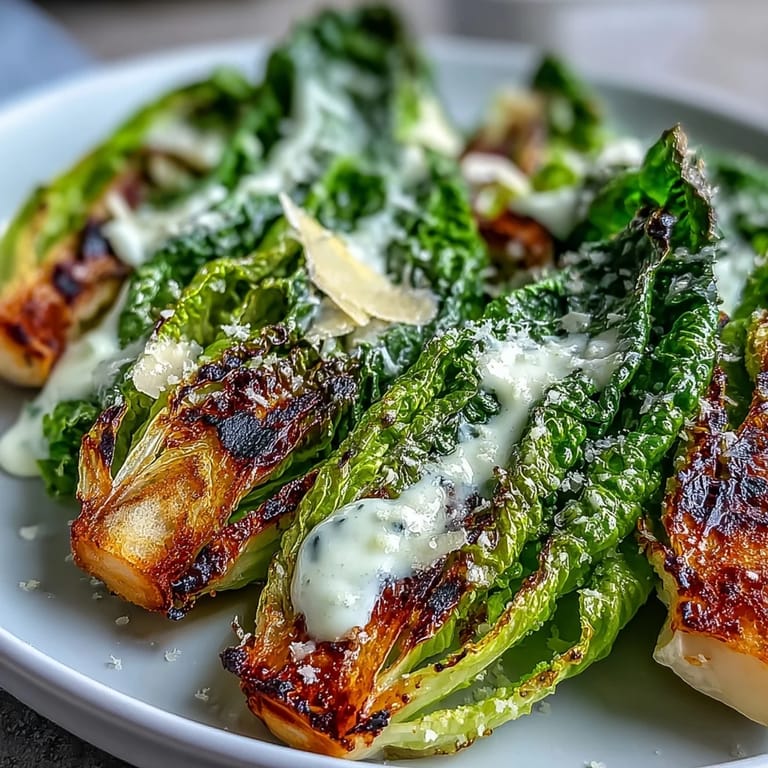 Warm, charred romaine halves, a delightful twist on classic Caesar salad, ready to serve.