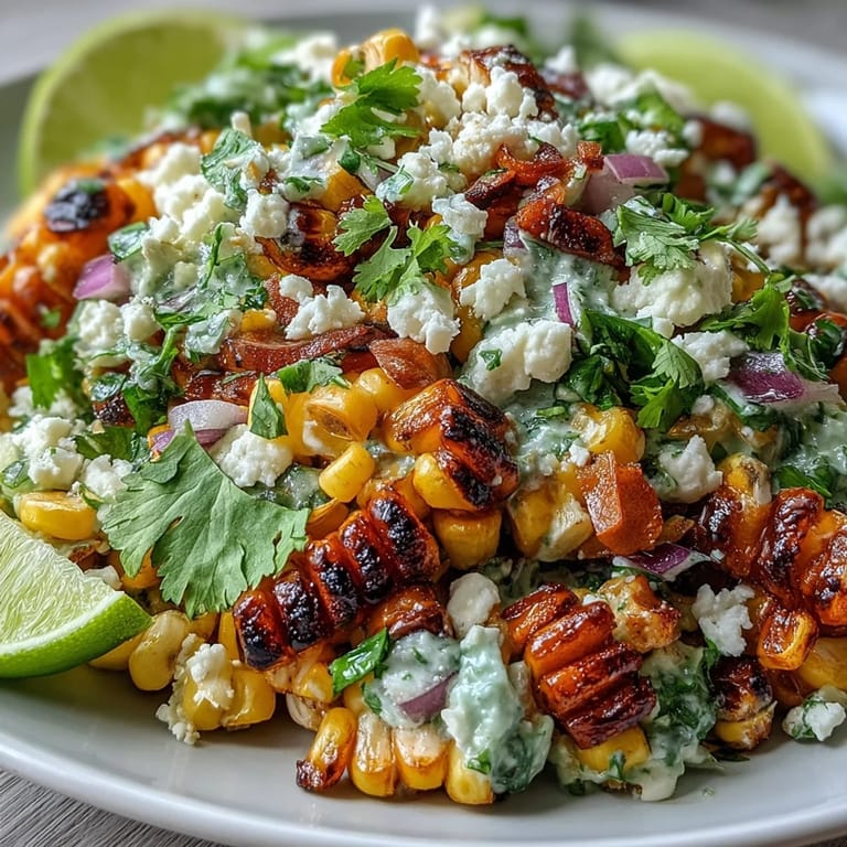 Delicious street corn salad with lime, chili, and crumbled cotija cheese.