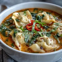 Steaming bowl of Red Curry Wonton Soup With Greens, featuring plump wontons and vibrant bok choy in a rich coconut broth.