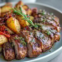 Golden-brown marinated Ibérico pork fillet sliced and plated with roasted red peppers and crispy potatoes.