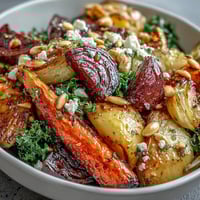 Roasted carrots and parsnips in a warm Winter Root Vegetable Bowl with massaged kale.