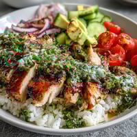 Juicy grilled chimichurri chicken slices rest on fluffy rice with tomatoes and avocado in the bowl.