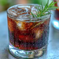 A chilled Black Currant Rosemary Cocktail garnished with a fresh herb sprig, served over clear ice cubes in a rocks glass.