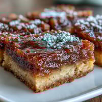 Freshly baked Earl Grey Tea, Guava, and Lemon Bars dusted with powdered sugar on a white platter, showcasing their golden edges and vibrant filling.
