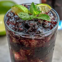 A tall glass of Black Currant Mojito filled with crushed ice, featuring a lime wheel and fresh mint garnish.