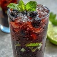 A tall glass of Tangy Blackcurrant Mojito filled with ice, mint sprigs, and a vibrant purple syrup swirl.