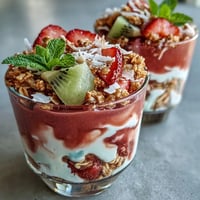 Tall glass layers of Guava-Flavored Yogurt Parfait with Greek yogurt, guava preserves, strawberries, kiwi, and crunchy granola.