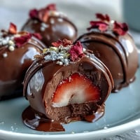Dubai-Style Strawberry Truffles with Dark Chocolate Shell in a glossy dark chocolate shell, accented by rosewater and cardamom for a Middle Eastern-inspired treat.