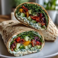 Vibrant rainbow veggie wraps filled with colorful bell peppers, carrots, and spinach, perfect for a healthy packed lunch.