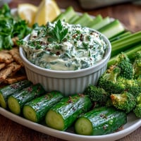 A colorful green snack board with cucumber, snap peas, and avocado ranch dip, perfect for healthy entertaining.  