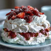 Classic Strawberry Pavlova with Whipped Cream: crisp meringue base topped with billowy vanilla cream and fresh strawberries for a perfect balance of sweetness and tartness.