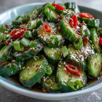 Crisp Asian cucumber salad with sesame and rice vinegar, garnished with green onions and sesame seeds for a refreshing bite.