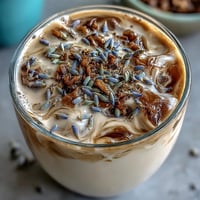 Creamy oat milk latte infused with fragrant lavender syrup, served hot with a foamy top and a sprinkle of dried lavender buds.