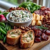 Spring charcuterie board with radishes, peas, and herb dip, arranged with colorful veggies and savory meats for a fresh appetizer spread.