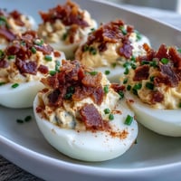 Classic bacon ranch deviled eggs with crispy bacon bits and fresh chives, perfect for Easter brunch or game day snacks.