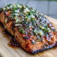 Cedar Plank Salmon with Garlic Dill sizzling on smoky cedar, garnished with fresh dill and lemon slices for a vibrant summer main.