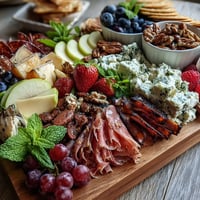A colorful spring charcuterie board with cured meats, cheeses, fruits, and edible flowers for a fresh seasonal spread.