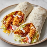 Crispy chicken bacon ranch wrap, overflowing with golden-brown fried chicken, fresh vegetables, and creamy dressing.