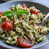 Cold pesto orzo salad with fresh mozzarella, cherry tomatoes, and fragrant basil in creamy dressing.