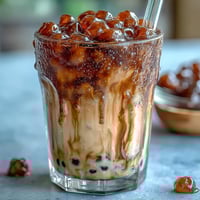 Creamy brown sugar boba milk tea with chewy tapioca pearls and rich brown sugar syrup in a tall glass.