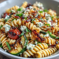 Vibrant pasta salad with grilled zucchini, corn, and crumbled salty Cotija cheese awaits.