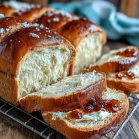 Fluffy Japanese milk bread loaf with golden crust, sliced to reveal soft, pillowy interior perfect for sandwiches or toast.