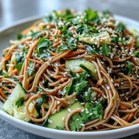 Chilled soba noodle salad with sesame ginger dressing, vibrant and crisp.