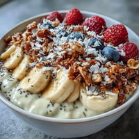 Creamy Skyr Protein Smoothie Bowl teeming with fresh berries, topped with delicious granola.