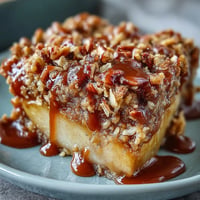 Warm Father's Day Whiskey Caramel Apple Crisp with golden oat topping and bubbling fruit.