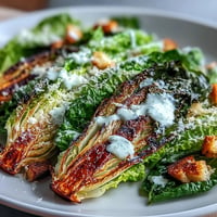 Grilled Caesar Salad with charred romaine, drizzled with creamy dressing and crunchy croutons.